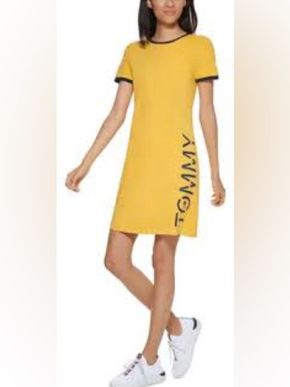 Tommy Hilfiger Yellow Logo T-Shirt Dress Sporty Graphic Mini Size S 95% cotton